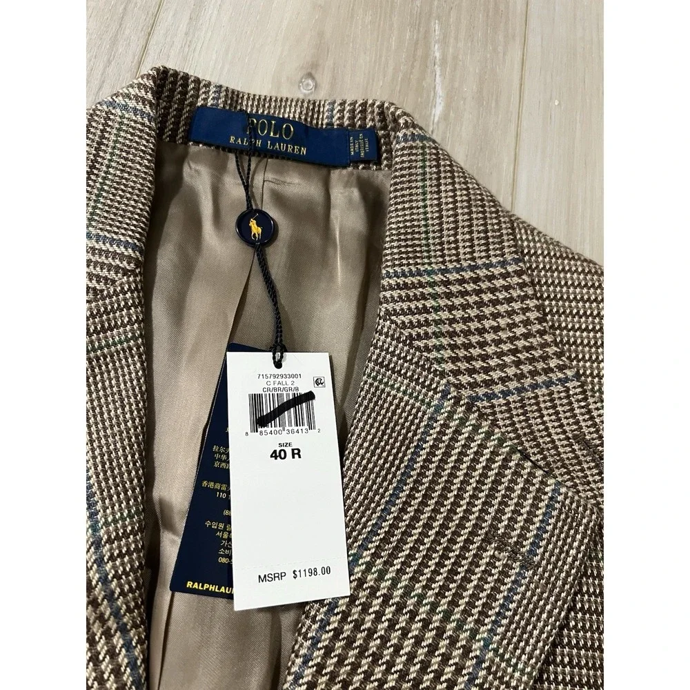 Polo Ralph Lauren 100% Linen Brown Houndstooth Constructed Tweed Blazer 40R